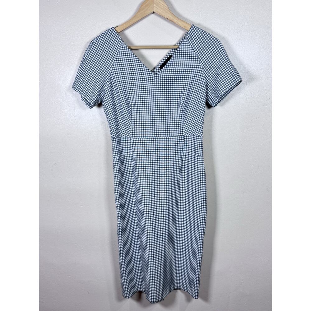 Banana Republic Plaid Double V-Neck Sheath Dress Size 4 Short Sleeve White